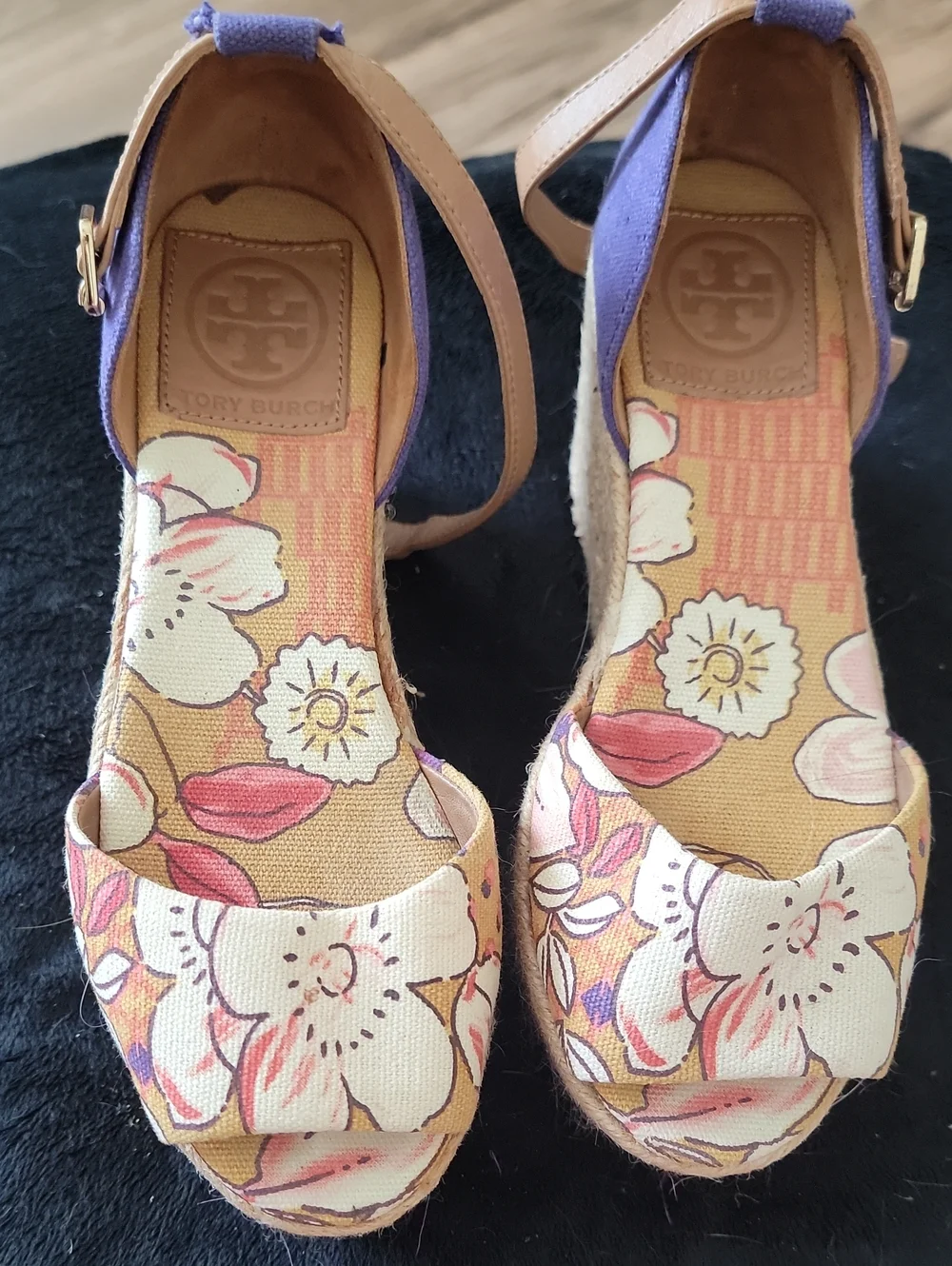 Tory Burch Floral Espadrille Wedges in Purple and Tan